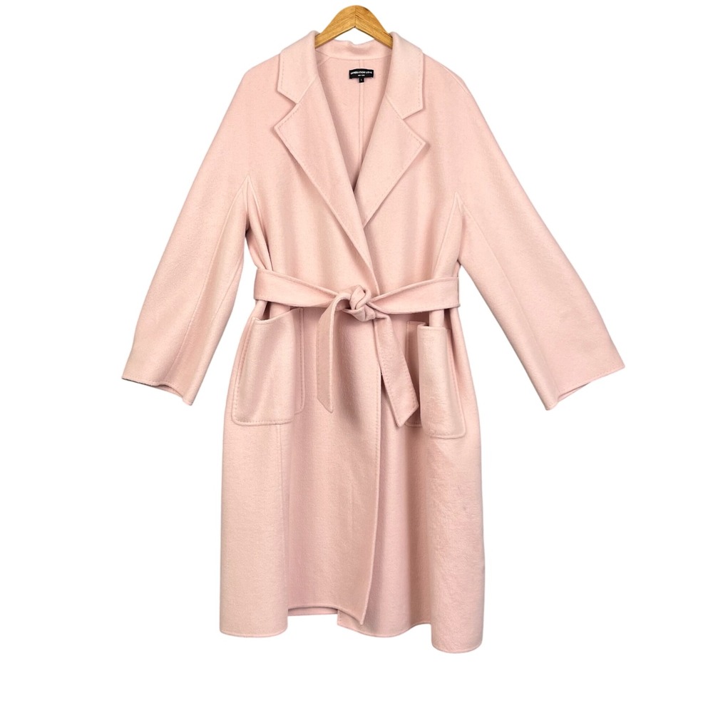 Generation Love Poppy Wrap Coat Womens L Pink 100% Wool Belted Oversized Trench
